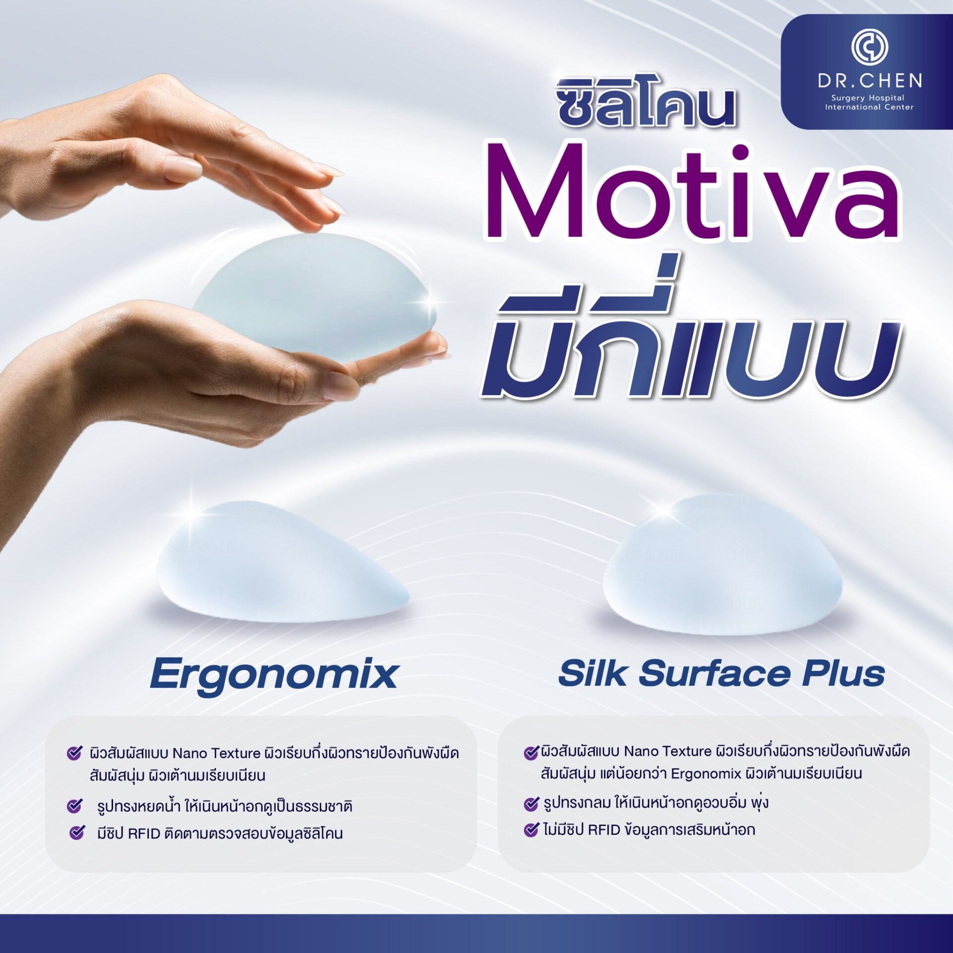 ซิลิโคน Motiva มีกี่แบบ เปรียบเทียบ Ergonomix และ Silk Surface Plus สำหรับการเสริมหน้าอก